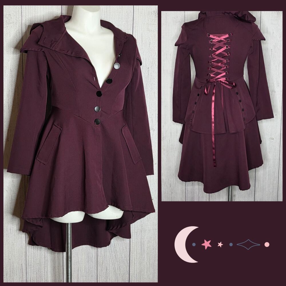 Witchy Maroon Hooded Corset Lace Up Dress Coat Gothic Fairycore Halloween, Large